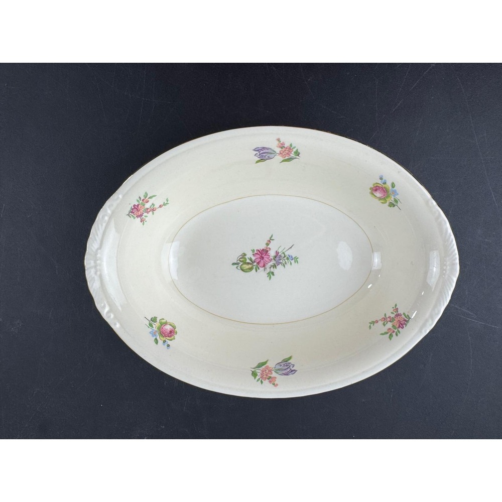 Homer Laughlin Eggshell Nautilus Priscilla Oval Vegetable Bowl Floral Gold Trim